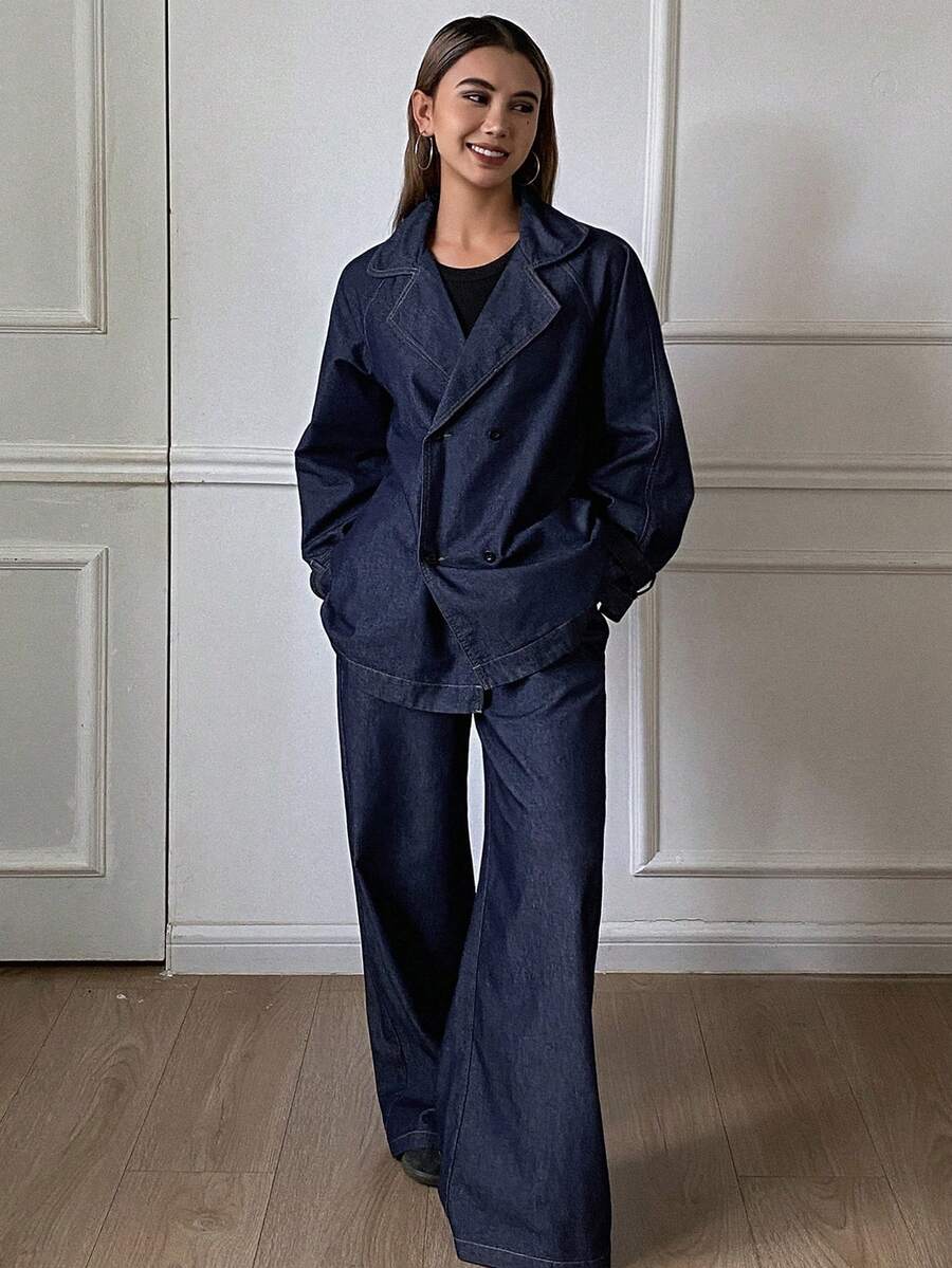 DAZY 女式休闲翻领插肩袖上衣和牛仔裤套装，秋季 - 深色水洗藍 - 查看 1