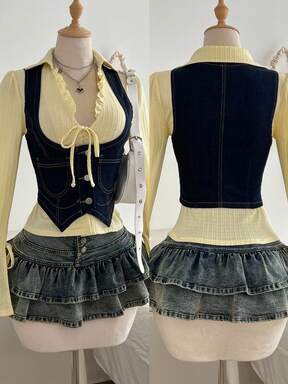 Elamini Women's Summer Front Button Asymmetric Hem Denim Vest