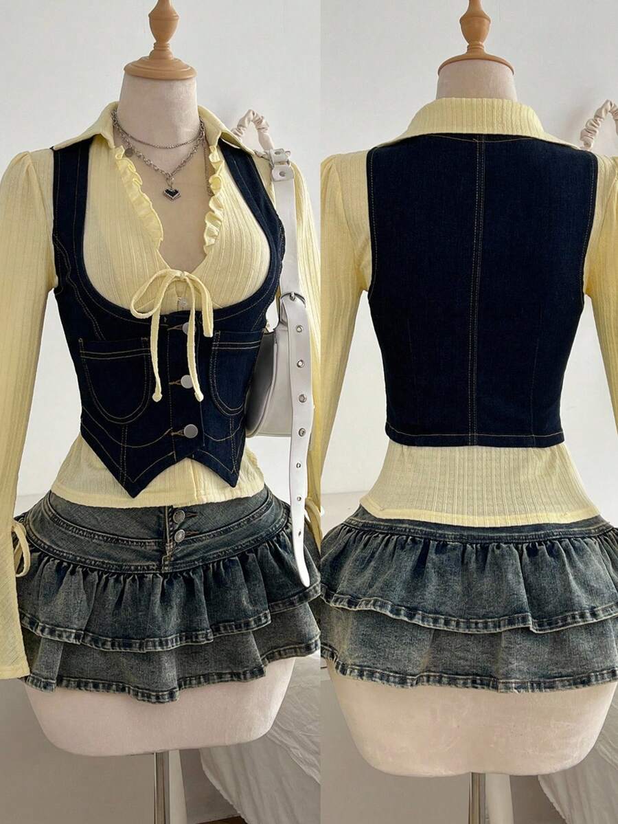 Elamini Women's Summer Front Button Asymmetric Hem Denim Vest - Blue - View 1