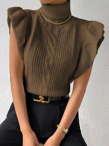 Islaluna Chaleco de punto de mujer de unicolor con cuello alto y dobladillo con volantes, versátil y casual