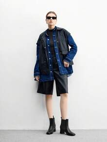 CUCCOO BIZCHIC 女士方头粗跟踝靴，黑色皮革，舒适百搭，适合派对、工作、圣诞节、万圣节等场合 - 棕色 - 查看 2