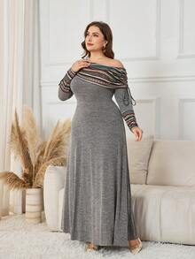 Lacomfia Plus Size Women's Oblique Shoulder Ruched Long Sleeve Colorful Striped Patchwork A-Line Dress - Multicolor - View 3
