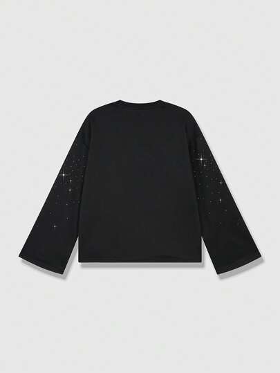 Street Life Camiseta casual de hombre con estampado gráfico y adornos de rhinestone, otoño