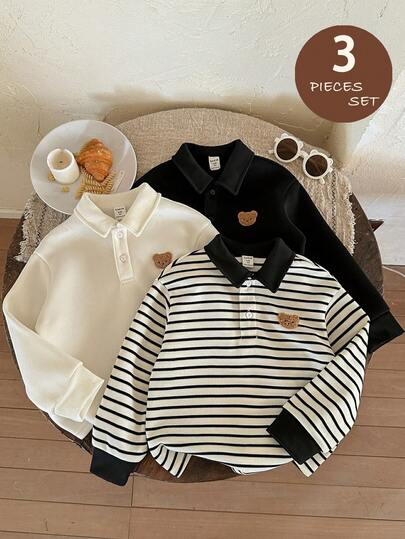 LMoss Kids Set da 3 pezzi di magliette casual a righe con colletto polo e toppe di orsetto per ragazzi, adatte per autunno/inverno
