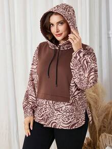Lacomfia Plus Size Color Block Print Hooded Sweatshirt For Women - Coffee Brown - View 5