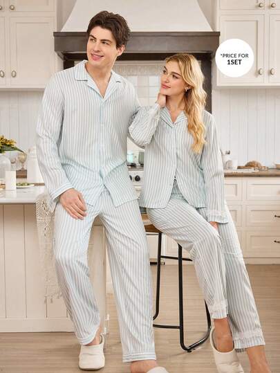 CoupledUp 2 Stücke lässiger gestreifter Langarm Pyjama Set, loser Kragen Nachtwäsche für Herren, Paar Loungewear