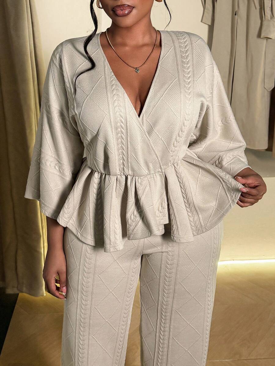 Maweii Plus Size Deep V-Neck Solid Color Ruffle Hem Long Sleeve Top And Pants Casual 2 Pieces Set - Khaki - View 1