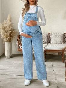 SHEIN Pregnant Women Casual Daily Patch Pocket Slant Pocket Denim Bib Pants
