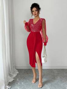 EMERY ROSE 女式亮片闪亮V领网眼拼接闪光派对连衣裙 - 紅色 - 查看 7