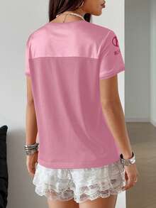 SXStreetHx Camiseta de manga corta con estampado de letras de color contrastante para mujer, primavera/verano - Rosa Pálido - Ver 2