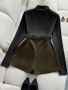 Franclia Conjunto de 2 peças de blusa feminina casual de meia gola alta, plissada, de malha elástica, com ajuste, manga comprida e saia-calça com cintura marcada, outono/inverno - Verde de Exercício - Ver 2