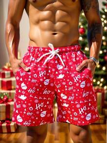 Manfinity Swimmode Men's Christmas Print Drawstring Waist Beach Shorts