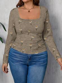 EMERY ROSE Thanksgiving strukturiertes Gänseblümchen Muster lässiges weites Rundhals T-Shirt, Große Größen - Verschiedenfarbig - Übersicht 4