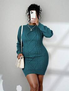 Elenzga Rochie pulover tricotată cu mânecă lungă, model plus size, cu guler rotund, cu umeri căzuți, culoare solidă - Verde albastrui - Vizualizare 4
