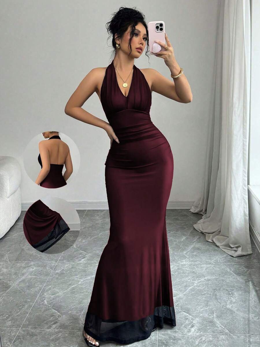 Rafferiza Elegant Bodycon Fishtail Hem V-Neck Waist Pleated Knit Mesh With Rose Red Lining Long Dress For Women, Autumn/Winter - Red - View 1