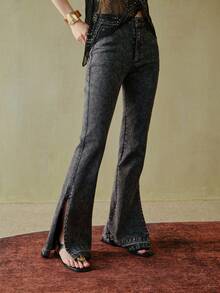 MOTF STUDIO JEANS ACAMPANADOS CON DOBLADILLO DIVIDIDO Y TACHUELAS DE MODA - Negro - Ver 5