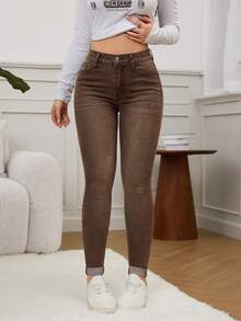 SHEIN EZwear 春季高腰破洞紧身牛仔裤 - 咖啡棕 - 查看 4