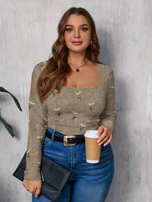 EMERY ROSE Thanksgiving strukturiertes Gänseblümchen Muster lässiges weites Rundhals T-Shirt, Große Größen - Verschiedenfarbig - Übersicht 3