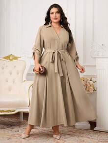 Modelyn Vestido Casual Feminino Plus Size de Manga Longa, Cor Sólida, com Amarração na Cintura e Bolso - Caqui - Visão 4