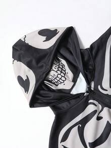 ROMWE MEN Goth 男士拉链连帽衫，骷髅骨架印花深色图案设计，视觉冲击力强，长袖上衣 - 彩色 - 查看 3