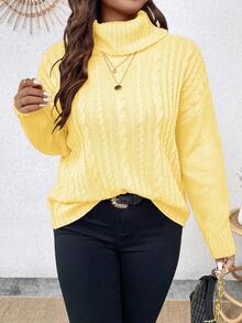 EMERY ROSE Plus Size Women Casual Everyday Commute Simple Solid Color High Neck Dropped Shoulder Loose Cable Knit Sweater, Autumn/Winter - Light Yellow - View 3