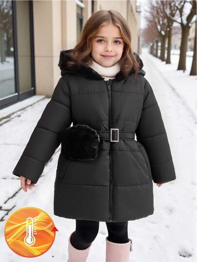Elladie kids 年轻女孩绗缝中长款连帽棉衣，收腰带口袋，适合休闲、户外、秋冬