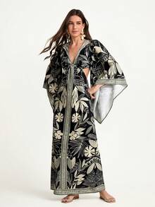 CAJUNI Women's Autumn/Winter V-Neck Oversized Sleeve Hollow Waist Backless Tie Straight Dress With Brazilian Parrot, Tropical Floral, Print