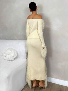 Glamine 女式优雅露肩拼接蓬松修身毛衣和高开叉下摆毛衣裙两件套，秋季 - 杏色 - 查看 2