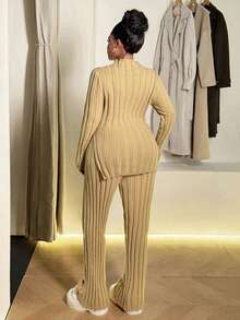 Maweii Plus Size Women Solid Stand Collar Long Sleeve Fitted Sweater With Side Slit Hem And Knitted Pants Elegant Set, Autumn/Winter