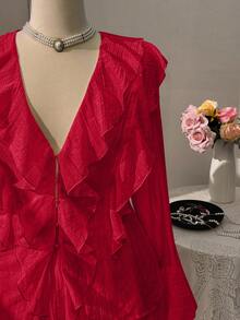 Sweetra Plus Size Ruffle Flare Sleeve Elegant Fashion Two Pieces Set - Red - View 2