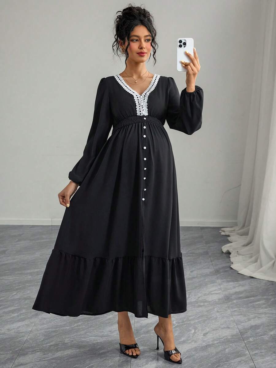 SHEIN 孕妇装撞色饰边V领荷叶边下摆优雅长袖连衣裙 - 黑色 - 查看 1
