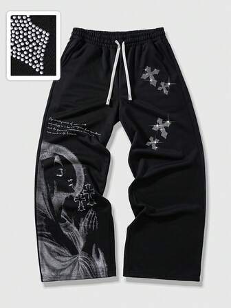 Street Life Pantaloni della tuta da uomo con stampa di slogan e strass a croce