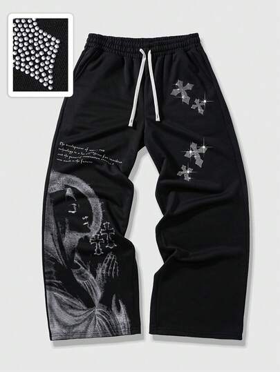 Street Life Men's Cross Religious Rhinestone Slogan Print Sweatpants