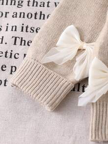 SHEIN Playful Pals Baby Girls Sweater Co-Ords, Champagne Color, Handmade 3D Bow Decor Round Neck Pullover Sweater And Wide Leg Pants Knit Set, Soft And Comfortable, Suitable For Daily, Outdoor, Travel, Vacation, Home, Daycare And Baby Girl Play Wear, Autumn/Winter Bow Baby Clothes Baby Girl Sweaters Set Beige Baby Girl Clothes Elegant Tops For Baby Girl Knit Two Pieces - Apricot - View 7