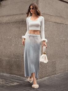 Selenza Chân váy denim họa tiết cánh bất đối xứng thanh lịch và thời trang dành cho nữ - Màu xanh lam - Xem 1