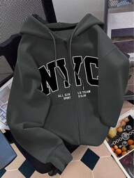 SHEIN เสื้อสเวตเตอร์มีฮู้ดซิปหน้าสำหรับผู้หญิง, ลายตัวอักษร, เสื้อคลุมลำลองสำหรับครู, กลับไปโรงเรียน, รับปริญญา, ใส่ได้ทุกวัน, เสื้อแจ็คเก็ตกันหนาว, แฟชั่นและอเนกประสงค์, เสื้อฮู้ดแขนยาวมีฮู้ดสำหรับผู้หญิง