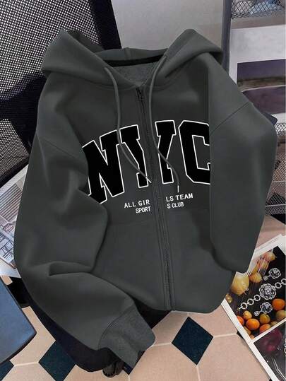 SHEIN 女式连帽拉链运动衫，字母图案，教师休闲外套，返校，毕业，日常穿着，冬季夹克，时尚百搭，女式连帽长袖连帽衫