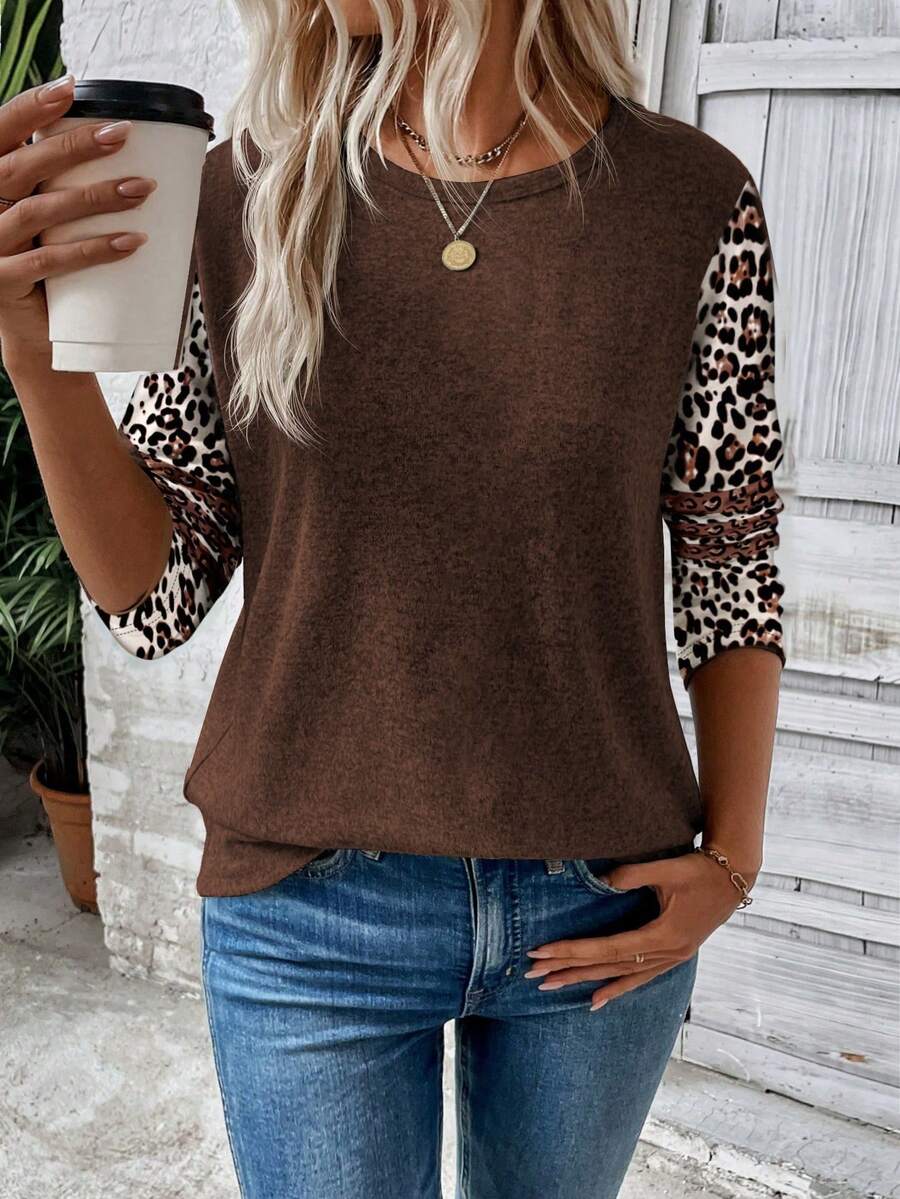 EMERY ROSE 全新时尚女式豹纹撞色长袖T恤 - 咖啡棕 - 查看 1