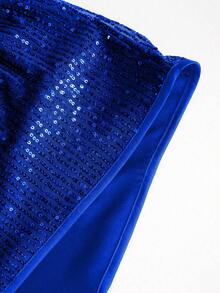 Calvornis 男士前扣短袖亮片装饰衬衫，休闲 - 藍色 - 查看 5