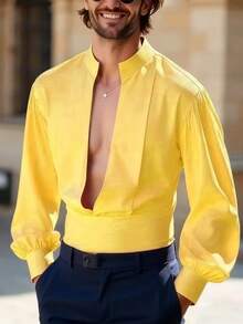 Manfinity AFTRDRK Áo sơ mi nam cổ chữ V sâu, tay phồng, màu trơn, thích hợp cho mùa thu. Áo sơ mi nam cài nút, áo sơ mi nam xuyên thấu, áo sơ mi vàng, áo sơ mi vàng cho nam dự tiệc, vest, thích hợp cho mặc hàng ngày, đi chơi cuối tuần, hoạt động ngoài trời, du lịch, môi trường làm việc thoải mái hoặc các dịp bán trang trọng, quà tặng cho bạn trai/chồng, quà kỷ niệm, quà Giáng sinh. Áo sơ mi nam xuyên thấu, áo sơ mi nam gợi cảm, áo sơ mi màu chanh, áo sơ mi vàng cài nút. - Vàng - Xem 1
