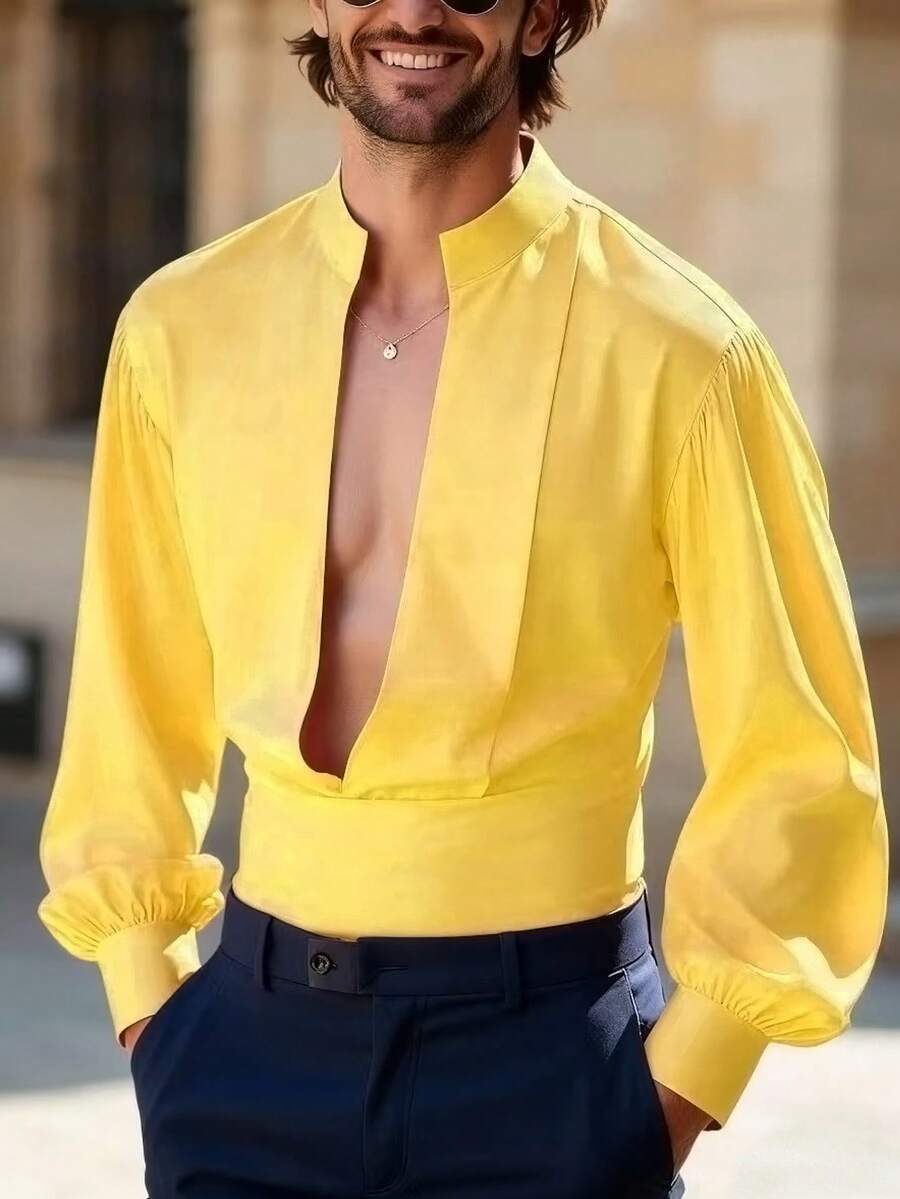 Manfinity AFTRDRK Áo sơ mi nam cổ chữ V sâu, tay phồng, màu trơn, thích hợp cho mùa thu. Áo sơ mi nam cài nút, áo sơ mi nam xuyên thấu, áo sơ mi vàng, áo sơ mi vàng cho nam dự tiệc, vest, thích hợp cho mặc hàng ngày, đi chơi cuối tuần, hoạt động ngoài trời, du lịch, môi trường làm việc thoải mái hoặc các dịp bán trang trọng, quà tặng cho bạn trai/chồng, quà kỷ niệm, quà Giáng sinh. Áo sơ mi nam xuyên thấu, áo sơ mi nam gợi cảm, áo sơ mi màu chanh, áo sơ mi vàng cài nút. - Vàng - Xem 1