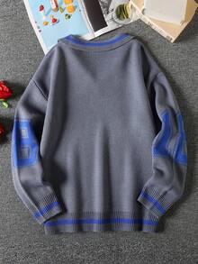 Manfinity Campus Court Postingan Estetik--Sweater Pullover Kerah Polo Kasual Pria dengan 18 Pola, Musim Gugur/Dingin - Dark Grey - View 2