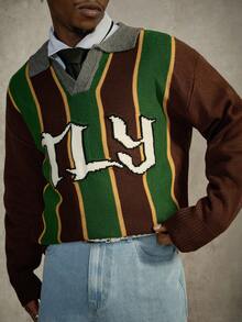 Manfinity EMRG Men's Striped & Letter Pattern Long Sleeve Pullover Sweater, Fall/Winter 90s Sporty Sweater Men Jerseys For Men Y2k Brown Jerseys Rugby Shirt - Coffee Brown - View 4