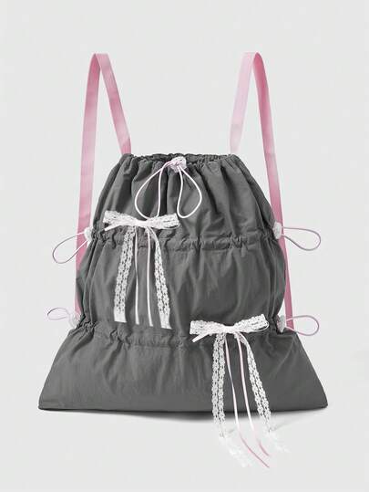 ROMWE Grunge Punk Y2K 风格少女蝴蝶结装饰抽绳背包，简约金属未来主义束带手提包，防水可折叠大容量收纳包，适合休闲、旅行、通勤，可爱的蝴蝶结背包返校必备品