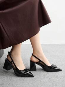 CUCCOO BIZCHIC 女士尖头粗高跟鞋百搭简约百搭通勤工作浅口鞋，黑色露背高跟鞋 - 黑色 - 查看 4