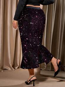 SHEIN Clasi 秋季大码优雅亮片松紧腰半身裙 - 玫紅色 - 查看 2