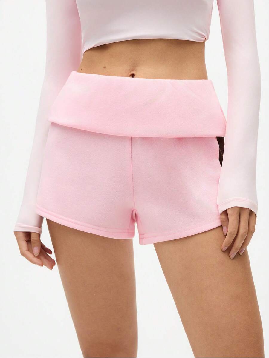 Eassivo Eassivo 女士时尚撞色翻腰运动短裤，夏季 - 粉色 - 查看 1