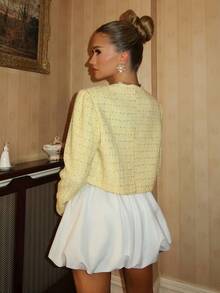 Glamine Charm 秋季法式优雅粗花呢荷叶边奶油黄色优雅短款大衣 - 黃色 - 查看 2