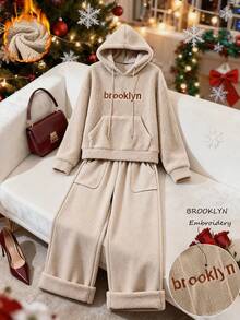 GlowEve 女式布鲁克林刺绣羊羔绒运动衫和羊毛混纺裤套装，休闲日常通勤商务法式浪漫约会派对圣诞节，秋冬，杏色和卡其色长袖连帽衫和长裤两件套 - 卡其色 - 查看 8