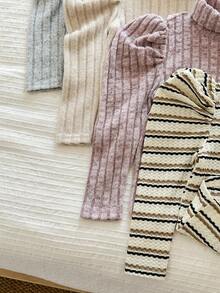 LMoss Kids LMoss 4件套女婴针织纯色条纹羊腿袖休闲上衣套装，长袖上衣，长袖，舒适秋冬款式